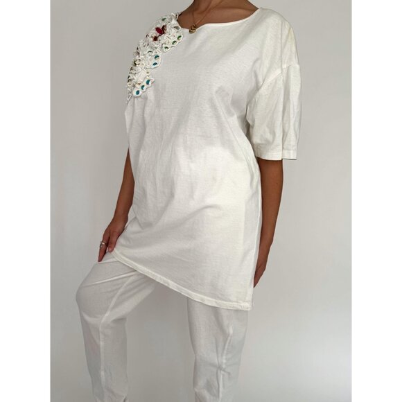 80s vintage white rainbow embellished cotton shirt pants matching two piece set - Picture 8 of 10